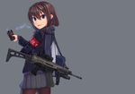  blue_eyes brown_hair dreadtie drink gray gun original scarf seifuku signed skirt weapon 