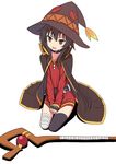  bandages belt black_hair black_legwear blush brown_eyes cape collar dress dress_tug fingerless_gloves gloves hat highres kono_subarashii_sekai_ni_shukufuku_wo! looking_at_viewer md5_mismatch megumin mocha_(snowflake) open_mouth seiza short_hair single_thighhigh sitting solo staff thighhighs v_arms witch_hat 