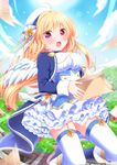  :o ahoge beret blonde_hair blue_sky blush boots cloud day field grass hat high_heel_boots high_heels highres long_hair looking_at_viewer moe2016 open_mouth original outdoors plant red_eyes ringo_yuyu school_uniform sky solo star sun sunlight thighhighs white_legwear wings 
