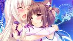  2girls animal_ears azuki_(sayori) blush brown_eyes brown_hair cat_smile catgirl city coconut_(sayori) collar crying game_cg hug long_hair nekopara night sayori short_hair tears white_hair 