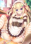  apron arm_garter bangs blonde_hair blush bow breasts cleavage commentary corset cup curtains detached_collar drinking_glass drinking_straw eyebrows_visible_through_hair flower garter_straps hair_bow hair_ornament hair_ribbon hairclip highres indoors juice long_hair looking_at_viewer maid_headdress medium_breasts moe2016 original plant potted_plant purple_eyes restaurant ribbon skindentation solo spill spread_legs striped striped_legwear sunflower taiki_ken tears thighhighs two_side_up waist_apron waitress window 