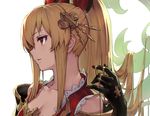  armor bangs black_gloves blonde_hair breasts cleavage collarbone eyelashes gloves granblue_fantasy hair_ornament hand_in_hair haoni lace_trim long_hair looking_away medium_breasts parted_lips ponytail portrait profile red_eyes solo vira_lilie white_background 