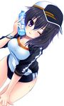  ;p absurdres bad_id bad_pixiv_id baseball_cap black_hair blue_eyes blush bottle bottle_to_cheek bracelet buruma fang gym_uniform hair_ornament hairclip hand_on_own_knee haruta_(806060) hat highres jacket jewelry leaning_forward long_hair moe2016 one_eye_closed open_clothes open_jacket original solo sweat tongue tongue_out track_jacket water water_bottle 