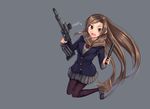  brown_eyes brown_hair dreadtie gray gun long_hair original scarf seifuku signed skirt weapon 