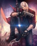  beard blood blood_on_face boots copyright_name dante_(devil_may_cry) dated devil_may_cry devil_may_cry_5 ebony_&amp;_ivory facial_hair grey_hair gun holding holding_gun holding_weapon jacket kuren male_focus rebellion_(sword) red_jacket solo stubble sword weapon white_hair 