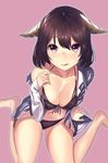  1girl :q arm_support bangs bare_shoulders barefoot bikini brown_bikini brown_hair cleavage collarbone collared_shirt dress_shirt from_above halterneck highres holding_strap horns kagematsuri licking_lips long_sleeves looking_at_viewer off_shoulder open_shirt pink_background pink_eyes shirt short_hair simple_background sitting solo swimsuit swimsuit_under_clothes swimsuits tongue tongue_out wariza white_shirt 