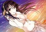  bikini black_hair brown_eyes hair_ornament hairband haruna_(kantai_collection) highres kantai_collection long_hair open_mouth sarong shirotaso0818 smile solo swimsuit 