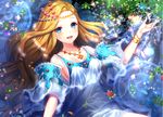  aqua_eyes blonde_hair blush cropped dress fuji_minako headdress leaves long_hair necklace original petals waifu2x water wristwear 