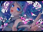  :d aqua_hair armpits bare_shoulders blue_eyes blush breasts collared_shirt crack detached_sleeves foreshortening ghost_rule_(vocaloid) hatsune_miku highres letterboxed long_hair looking_at_viewer lyrics open_mouth outstretched_arm outstretched_hand palms shirt small_breasts smile solo song_name tongue twintails ume_neko_(otaku-nyanko) upper_body vocaloid 
