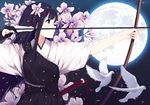  animal bird black_hair blue_eyes bow_(weapon) caidychen flowers gloves japanese_clothes katana long_hair moon night original petals stars sword weapon 