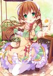  blush brown_hair dress flower flower_pot green_eyes kerchief kneeling long_hair moe2016 original shoes short_sleeves smile solo thighhighs twintails yumemiya_subaru 