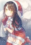  blush boots breasts brown_hair capelet cleavage copyright_request dress fur_trim highres holding io_enishi large_breasts long_hair looking_at_viewer mittens open_mouth red_legwear sack santa_costume short_dress solo thigh_boots thighhighs very_long_hair yellow_eyes 