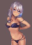  adjusting_bra adjusting_clothes bangs bare_shoulders blue_hair blush bra braid breasts cleavage closed_mouth collarbone cowboy_shot crystal dark_skin hair_over_shoulder head_tilt highres kagematsuri lace lace-trimmed_bra light_smile long_hair looking_at_viewer medium_breasts multicolored_hair original panties pointy_ears purple_eyes silver_hair solo strapless twin_braids twintails underwear underwear_only 
