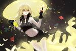  bare_shoulders blonde_hair closed_mouth gloves haiena hat highres kirisame_marisa lace long_hair midriff navel open_eyes pale_skin smile solo star star-shaped_pupils symbol-shaped_pupils touhou yellow_eyes 