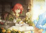  akagami_no_shirayukihime animal baiguiyu bird book drink flowers green_eyes leaves red_hair shirayuki_(akagami_no_shirayukihime) short_hair 