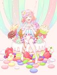  :d ^_^ azaka_(pipponao) bare_shoulders barefoot cake candy chocolate closed_eyes collarbone dress food fruit highres interlocked_fingers kiwifruit legs lollipop open_mouth original pink_hair short_hair sitting smile solo strawberry 