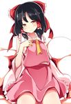  alternate_color alternate_eye_color ascot bad_id bad_pixiv_id black_hair blush bow detached_sleeves hair_bow hair_tubes hakurei_reimu highres looking_at_viewer maremay0513 red_bow seductive_smile short_hair sitting smile solo touhou white_sleeves yellow_eyes 