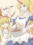  alternate_costume apron beer_can blonde_hair blue_dress blush bow bowl breasts brown_background brown_eyes can chocolate chocolate_making collarbone dress frilled_apron frills grin hair_bow hair_tie horn horns hoshiguma_yuugi ibuki_suika jack_(wkm74959) long_hair long_ponytail long_sleeves looking_at_another medium_breasts multiple_girls off-shoulder_dress off_shoulder open_mouth pointy_ears ponytail red_eyes simple_background sketch smile teeth tongue touhou 
