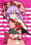  ascot bat_wings blush bow commentary_request dress hat hat_ribbon kan_lee looking_at_viewer mob_cap pink_dress puffy_short_sleeves puffy_sleeves purple_hair red_bow red_eyes red_ribbon remilia_scarlet ribbon short_hair short_sleeves skirt skirt_set smile solo star starry_background touhou upper_body wings 