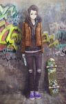  black_pants bottle brown_eyes earbuds earphones earrings graffiti highres hood hood_down hoodie jacket jewelry leather leather_jacket long_hair looking_at_viewer matajirou_(matagiro) original outdoors pants purple_footwear shoes skateboard smile sneakers solo standing water_bottle 