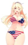  absurdres ahoge american_flag_bikini arm_behind_back arm_over_head bad_id bad_pixiv_id bikini blonde_hair blue_eyes breasts cleavage flag_print highres iowa_(kantai_collection) kantai_collection large_breasts long_hair matsunoki_(unknown_751) navel one_eye_closed open_mouth rigging skindentation solo star star-shaped_pupils swimsuit symbol-shaped_pupils thigh_gap white_background 
