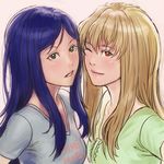  bangs blonde_hair blue_hair brown_hair casual fujino_shizuru green_eyes ikeda_(cpt) kuga_natsuki long_hair looking_at_viewer lowres multiple_girls my-hime one_eye_closed parted_lips red_eyes smile upper_body 