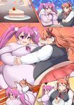  2girls :&lt; =_= ^_^ akame_ga_kill! angry belly_to_belly big_belly blush breasts cake capelet cheese_wheel chelsea_(akame_ga_kill!) closed_eyes eating fat fat_folds fighting food food_on_face fruit happy headphones highres huge_breasts kurokaze_no_sora large_breasts left-to-right_manga long_hair mine_(akame_ga_kill!) miniskirt multiple_girls obese panties pantyshot pantyshot_(standing) plaid plaid_skirt purple_eyes purple_hair pushing pushing_down red_eyes red_hair round_teeth skirt slice_of_cake snort sparkle spoon squiggle standing strawberry sweat teeth twintails undersized_clothes underwear white_panties wrestling 