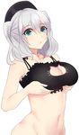  :o blue_eyes blush breast_hold breasts cat_lingerie cleavage collarbone commentary_request groin hat kantai_collection kashima_(kantai_collection) large_breasts looking_at_viewer meme_attire navel rinaka_moruchi silver_hair solo two_side_up upper_body wavy_hair white_background 