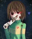  black_background blood blood_on_face bloody_tears bloody_weapon brown_hair chara_(undertale) dust empty_eyes evil_smile frisk_(undertale) glowing glowing_eye heart hell.k heterochromia highres holding holding_knife holding_weapon knife long_sleeves looking_at_viewer parted_lips red_eyes reflection round_teeth short_hair simple_background smile solo spoilers striped striped_sweater sweater teeth turtleneck undertale upper_body weapon 