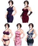  apron belt black_hair bra breasts brown_eyes cleavage dress garter_belt glasses highres jewelry large_breasts lingerie lips looking_at_viewer mature mekabu multiple_views naked_apron necklace panties shirt short_hair underwear underwear_only variations 