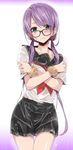  black_skirt blush commentary_request covering covering_breasts crossed_arms gintarou_(kurousagi108) glasses green_eyes hair_ribbon long_hair looking_at_viewer low_twintails original pleated_skirt purple_hair ribbon school_uniform scrunchie serafuku skirt solo thigh_gap twintails upper_body wet wet_clothes wrist_scrunchie 