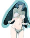  ass_visible_through_thighs bikini blue_eyes blue_hair blue_towel chikushi_nitouhei collarbone looking_at_viewer navel short_hair simple_background smile solo standing swimsuit towel white_background white_bikini 