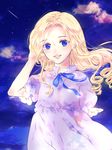  bad_id bad_pixiv_id blonde_hair blue_eyes blue_ribbon cloud curly_hair dress hand_in_hair long_hair marnie omoide_no_marnie outdoors parted_lips ribbon ritsu_(fluorite_fluorite) sky smile solo white_dress 