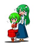  &gt;_&lt; :d alternate_hairstyle barber_chair blush boots bow closed_eyes collared_shirt detached_sleeves flying_sweatdrops frog_hair_ornament green_hair hair_bow hair_ornament hair_tubes hand_mirror height_difference jitome katsumi5o kazami_yuuka kochiya_sanae laughing long_hair long_skirt mirror multiple_girls open_mouth plaid plaid_skirt plaid_vest ponytail red_eyes shirt short_hair sitting skirt smile snake_hair_ornament stool sweatdrop touhou triangle_mouth unmoving_pattern very_long_hair vest xd 