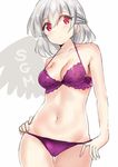  alternate_costume blush bra breasts character_name cleavage collarbone commentary_request contrapposto groin half_updo hands_on_hips highres kishin_sagume looking_at_viewer medium_breasts navel panties purple_bra purple_panties red_eyes rinaka_moruchi short_hair sideboob silver_hair single_wing solo standing thigh_gap touhou underwear underwear_only upper_body white_background wings 