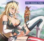  1girl american_flag_legwear areola_slip areolae assassin's_creed_(series) assassin's_creed_iii bare_shoulders blonde_hair blue_eyes blush bow_(weapon) breasts cleavage collar commentary_request connor_kenway crossover elbow_gloves garter_straps gloves hair_between_eyes headgear highres iowa_(kantai_collection) kantai_collection large_breasts long_hair looking_at_another masturbation miniskirt native_american no_bra no_panties open_mouth pitcairn_meusel pussy_juice sitting skirt standing star star-shaped_pupils sweat symbol-shaped_pupils thighhighs weapon wrist_cuffs 