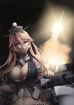  bare_shoulders blonde_hair breasts cleavage corset elbow_gloves garter_straps gloves hat hiememiko highres iowa_(kantai_collection) kantai_collection large_breasts long_hair missile night rocket_launcher serious solo turret weapon 