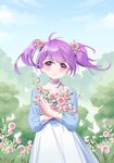  aisha_(elsword) aquarius_(artist) choker cowboy_shot day dress elsword flower hair_flower hair_ornament looking_at_viewer outdoors purple_eyes purple_hair short_hair short_twintails sky smile solo twintails white_dress 