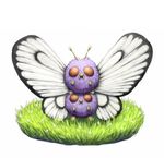  butterfly_wings butterfree butterfree_(cosplay) commentary_request cosplay fangs flower fur gen_1_pokemon grass hisakichi looking_at_viewer no_humans on_head pokemon pokemon_(creature) pokemon_on_head red_eyes standing teeth venonat white_background wings 