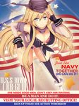  america american_flag american_flag_bikini bikini blonde_hair blue_eyes breasts english flag_print garter_straps gloves iowa_(kantai_collection) kantai_collection large_breasts long_hair pixcel poster propaganda salute skirt solo star star-shaped_pupils swimsuit symbol-shaped_pupils thighhighs 