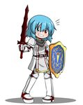  armor armored_boots bad_id bad_pixiv_id belt blue_eyes blue_hair blush boots buront buront_(cosplay) cosplay final_fantasy final_fantasy_xi gauntlets greaves grin heterochromia highres katsumi5o looking_at_viewer red_eyes shield short_hair shoulder_pads smile solo sword tatara_kogasa the_iron_of_yin_and_yang touhou weapon 
