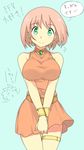  ^q^ bare_shoulders blush breasts commentary final_fantasy final_fantasy_v green_eyes highres jewelry kamuran large_breasts lenna_charlotte_tycoon looking_at_viewer orange_shirt pink_hair shirt short_hair smile solo v_arms 