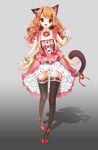  animal_ears bell black_legwear breasts brown_hair cat_ears cat_tail dress frills gradient gradient_background highres jeong_ira long_hair looking_at_viewer medium_breasts open_mouth pink_dress shadow smile solo tail thighhighs 