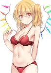  armpits arms_behind_back bare_arms bare_shoulders blonde_hair bow bow_bra bra breasts cleavage collarbone cowboy_shot crystal demon_wings flandre_scarlet hair_between_eyes head_tilt highres lace lace-trimmed_bra looking_at_viewer medium_breasts navel panties red_bow red_bra red_eyes red_panties rinaka_moruchi short_hair side_ponytail simple_background smile solo standing star star-shaped_pupils stomach strap_gap symbol-shaped_pupils tareme touhou underwear underwear_only white_background wings 