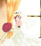  blonde_hair bouquet breasts bridal_gauntlets bridal_veil cleavage curtains dress earrings eyepatch flower green_dress green_eyes green_wedding_dress highres jewelry medium_breasts njzhang666 othinus rose smile solo to_aru_majutsu_no_index to_aru_majutsu_no_index:_new_testament veil wedding_dress window 