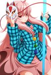  ahoge bangs bow bubble_skirt buttons cowboy_shot eichi_yuu fox_mask frown hata_no_kokoro highres holding holding_mask long_hair long_sleeves mask mask_on_head pink_bow pink_hair plaid plaid_shirt red_eyes shirt simple_background skirt solo sphere touhou very_long_hair white_background 