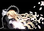  1girl black_hair blonde_hair cape closed_eyes dissolving hand_in_hair highres hug kamijou_touma letterboxed long_hair othinus short_hair sketch to_aru_majutsu_no_index to_aru_majutsu_no_index:_new_testament zang 