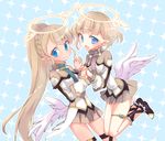  angel angel_wings blonde_hair blue_eyes blush braid cross-laced_footwear cross-laced_sandals french_braid full_body halo highres holding_hands kyuuri_(miyako) liliana_hart long_hair low_wings misty_sheikh multiple_girls open_mouth pleated_skirt pointy_ears ponytail pop-up_story skirt smile st._feles_gakuen_uniform white_wings wings 