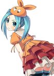  aqua_hair dress green_eyes hat monogatari_(series) ninomae_ichijiku nisemonogatari ononoki_yotsugi short_hair solo striped striped_legwear twintails 