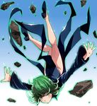  ass bare_hips bare_legs black_dress blue_background dress floating_rock gradient gradient_background green_eyes green_hair legs looking_at_viewer no_socks one-punch_man pelvic_curtain short_hair solo tatsumaki upside-down yk-kz 